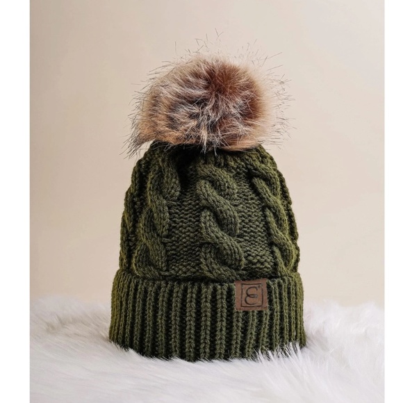 Rouge! Accessories - Army Green Cable Knit Beanie Hat Faux Fur Pom Pom